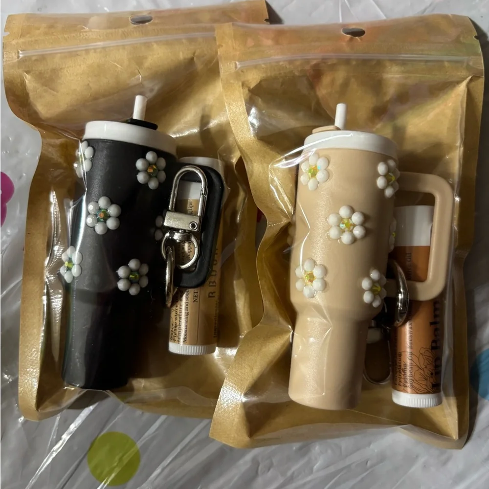 2 Custom rhinestone chapstick Stanley keychain holders! Black and tan